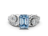 White gold Fancy Blue Emerald Cut Diamond Solitaire Ring with Milgrain Pavé Band and Four-Prong Setting_318