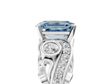 White gold Fancy Blue Emerald Cut Diamond Solitaire Ring with Milgrain Pavé Band and Four-Prong Setting_323