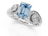 White gold Fancy Blue Emerald Cut Diamond Solitaire Ring with Milgrain Pavé Band and Four-Prong Setting_325