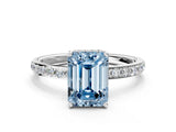 White gold Fancy Blue Emerald Cut Diamond Solitaire Ring with Pavé Band and Hidden Halo_32