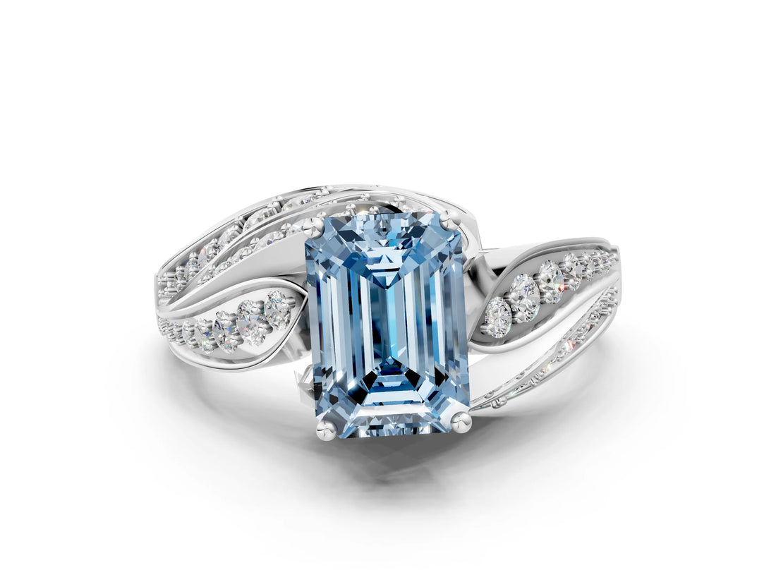 White gold Fancy Blue Emerald Cut Diamond Solitaire Ring with Prong Setting and Twisted Pavé Band_24