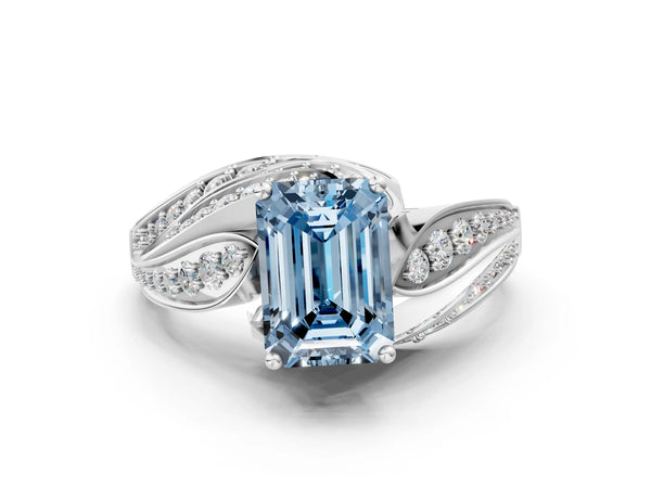 White gold Fancy Blue Emerald Cut Diamond Solitaire Ring with Prong Setting and Twisted Pavé Band