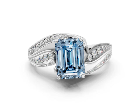 White gold Fancy Blue Emerald Cut Diamond Solitaire Ring with Prong Setting and Twisted Pavé Band_24