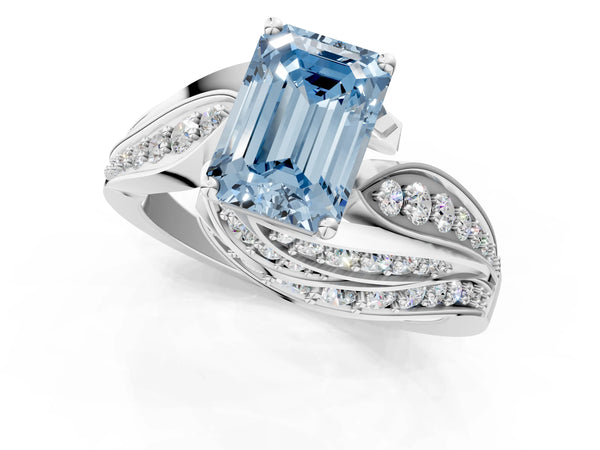 White gold Fancy Blue Emerald Cut Diamond Solitaire Ring with Prong Setting and Twisted Pavé Band