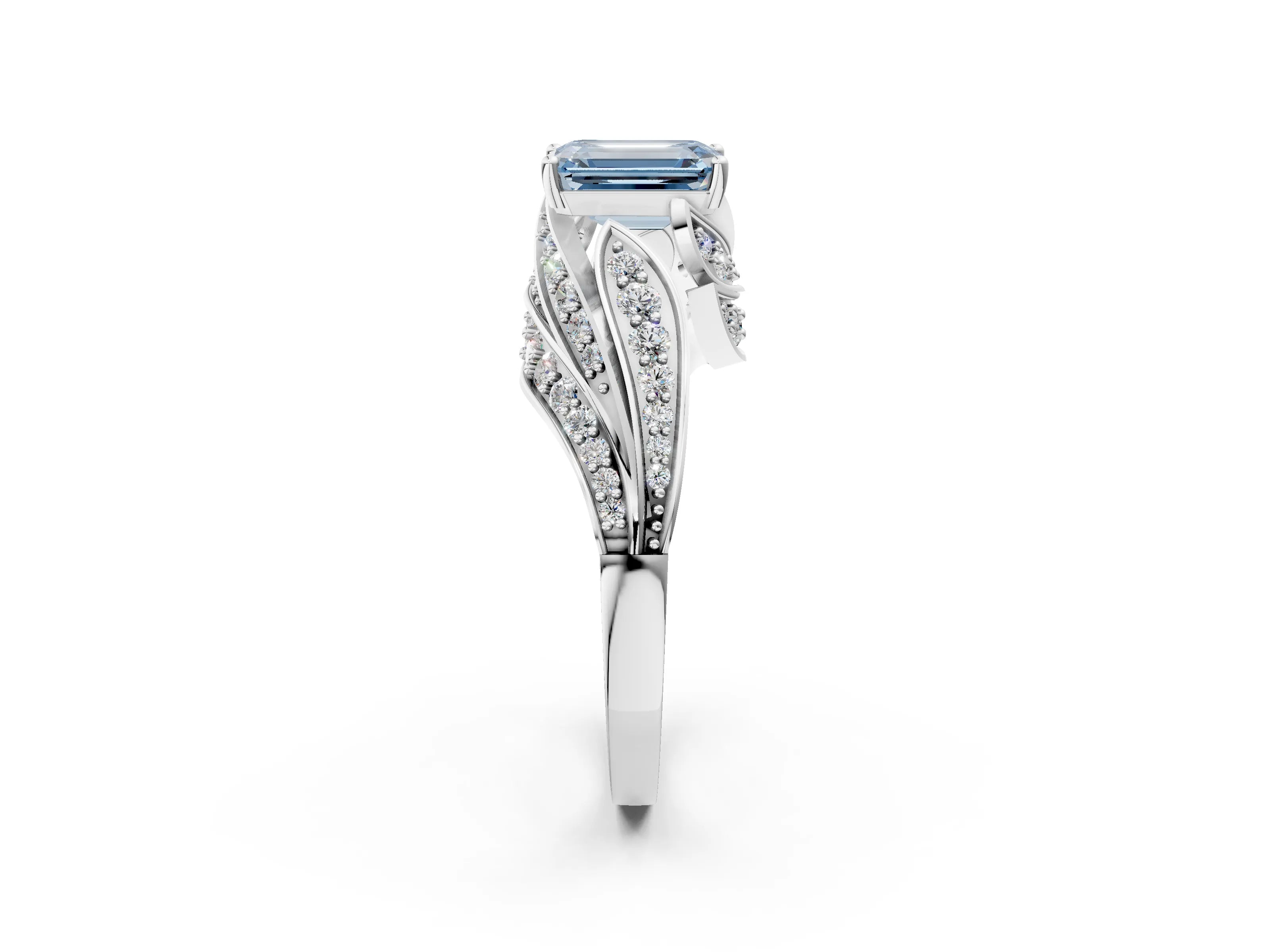White gold Fancy Blue Emerald Cut Diamond Solitaire Ring with Prong Setting and Twisted Pavé Band_26