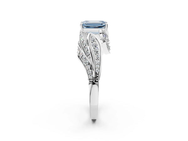 White gold Fancy Blue Emerald Cut Diamond Solitaire Ring with Prong Setting and Twisted Pavé Band