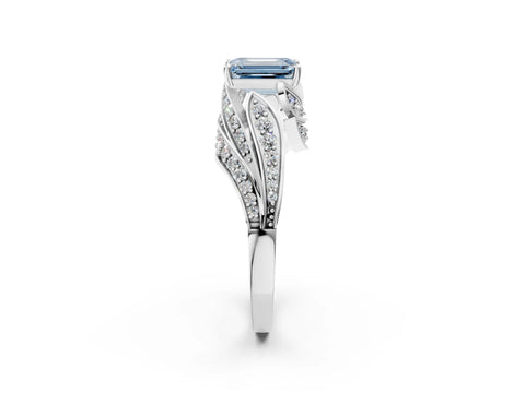 White gold Fancy Blue Emerald Cut Diamond Solitaire Ring with Prong Setting and Twisted Pavé Band_26