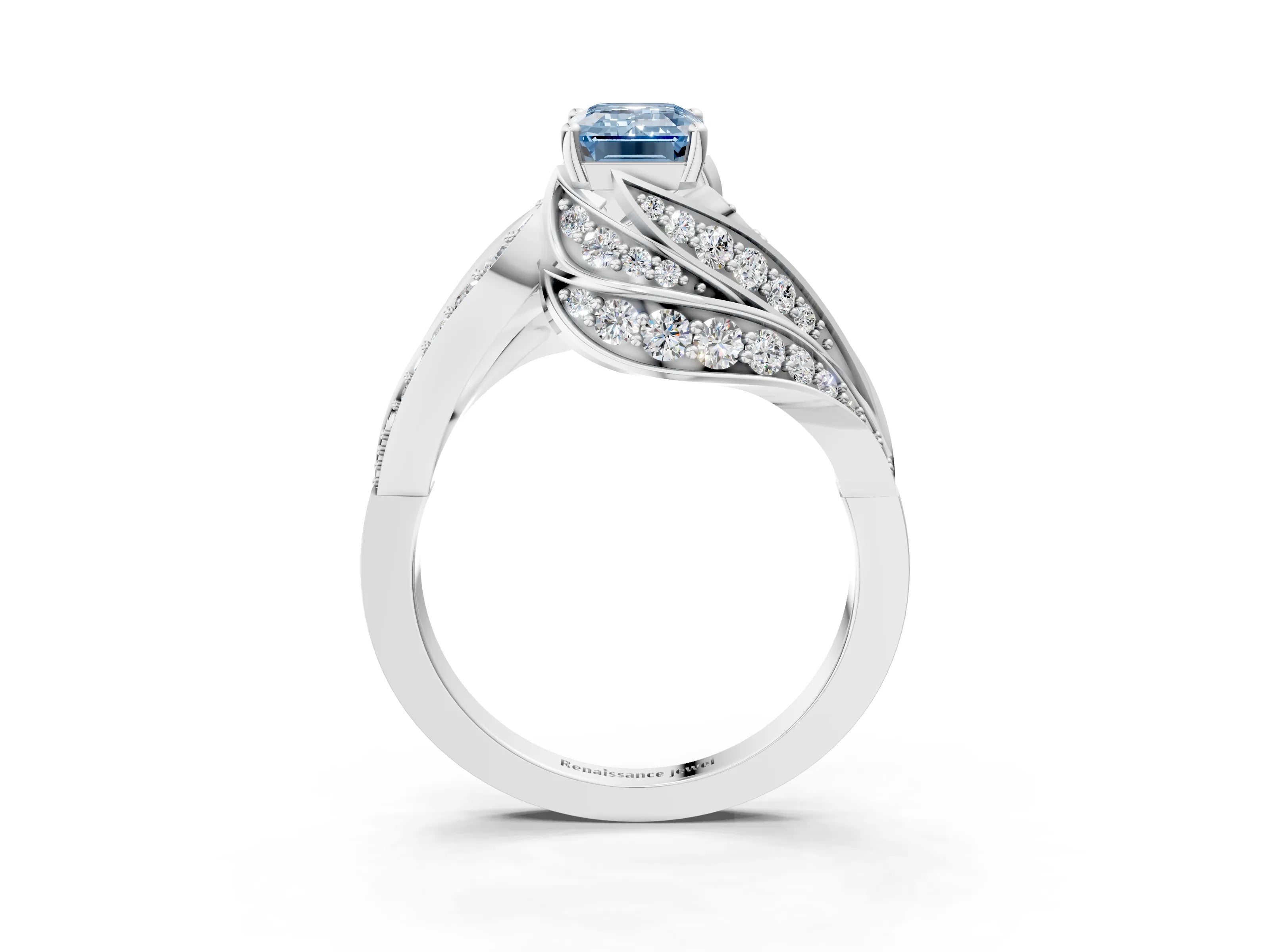 White gold Fancy Blue Emerald Cut Diamond Solitaire Ring with Prong Setting and Twisted Pavé Band_27