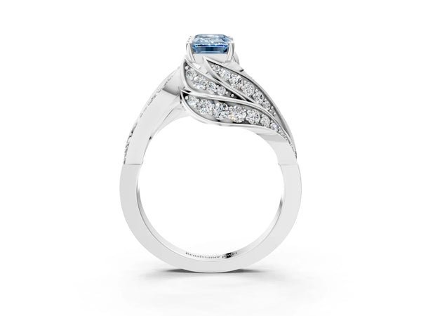 White gold Fancy Blue Emerald Cut Diamond Solitaire Ring with Prong Setting and Twisted Pavé Band