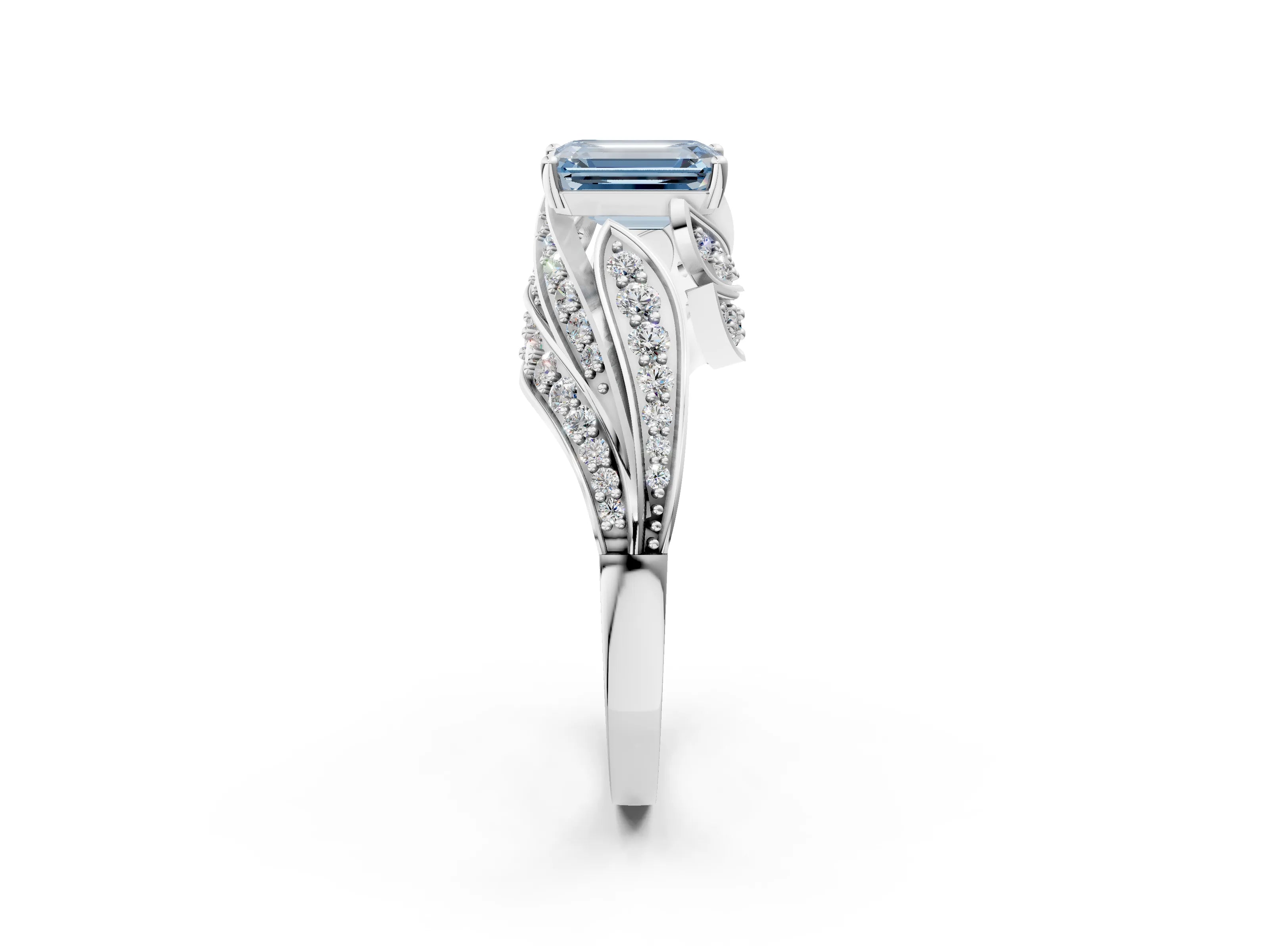White gold Fancy Blue Emerald Cut Diamond Solitaire Ring with Prong Setting and Twisted Pavé Band_2