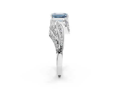 White gold Fancy Blue Emerald Cut Diamond Solitaire Ring with Prong Setting and Twisted Pavé Band_2