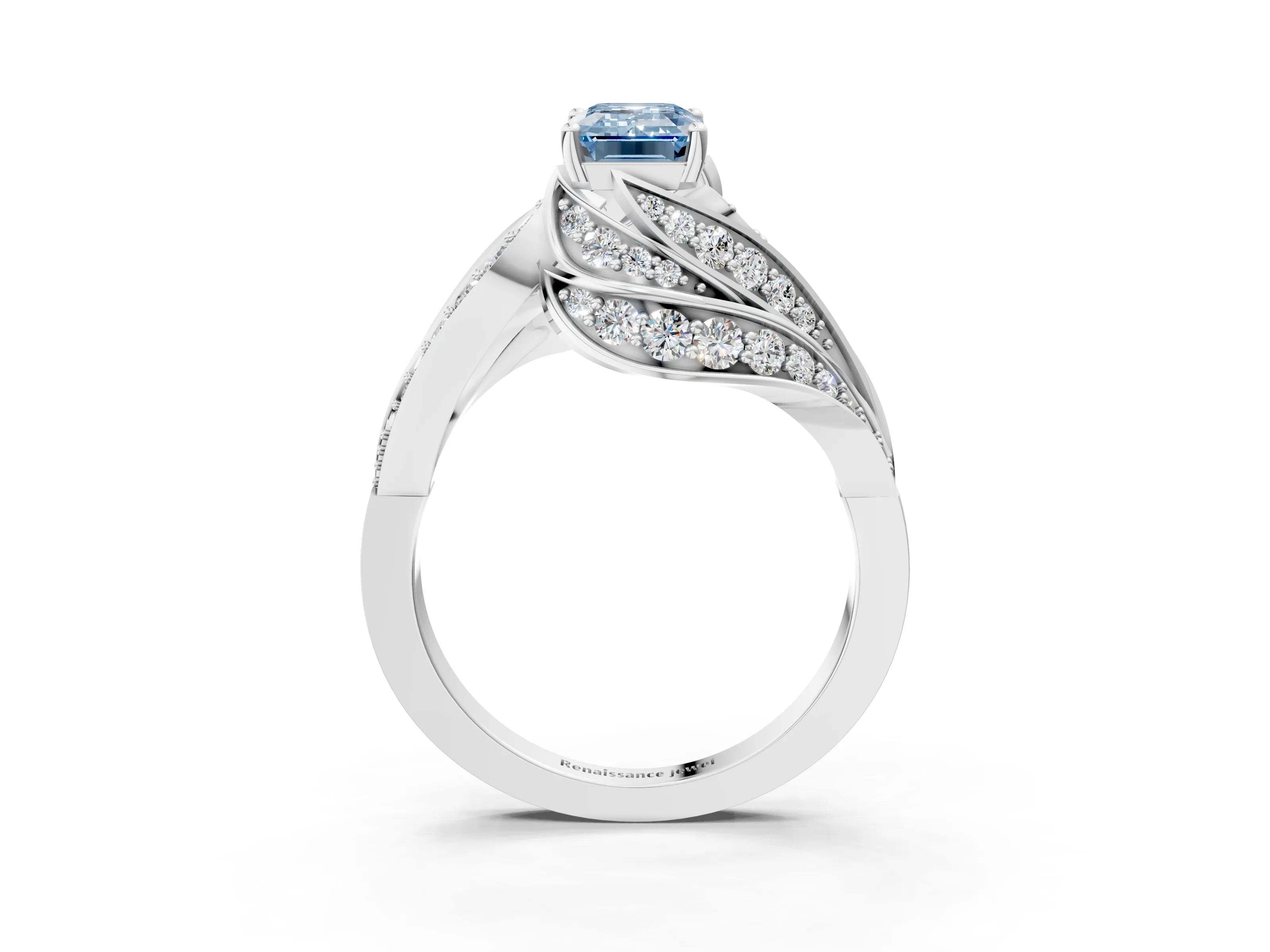White gold Fancy Blue Emerald Cut Diamond Solitaire Ring with Prong Setting and Twisted Pavé Band_3