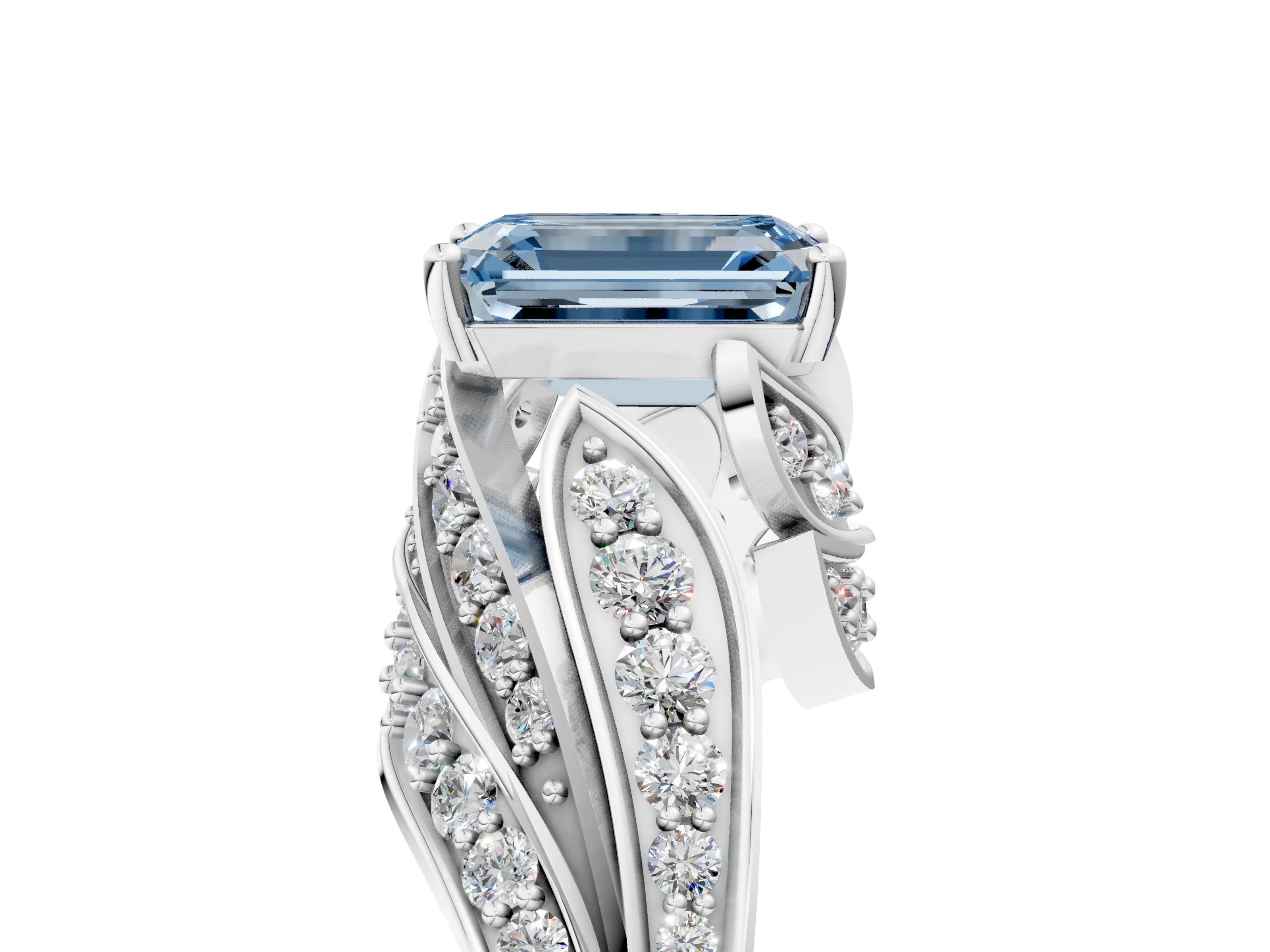 White gold Fancy Blue Emerald Cut Diamond Solitaire Ring with Prong Setting and Twisted Pavé Band_5