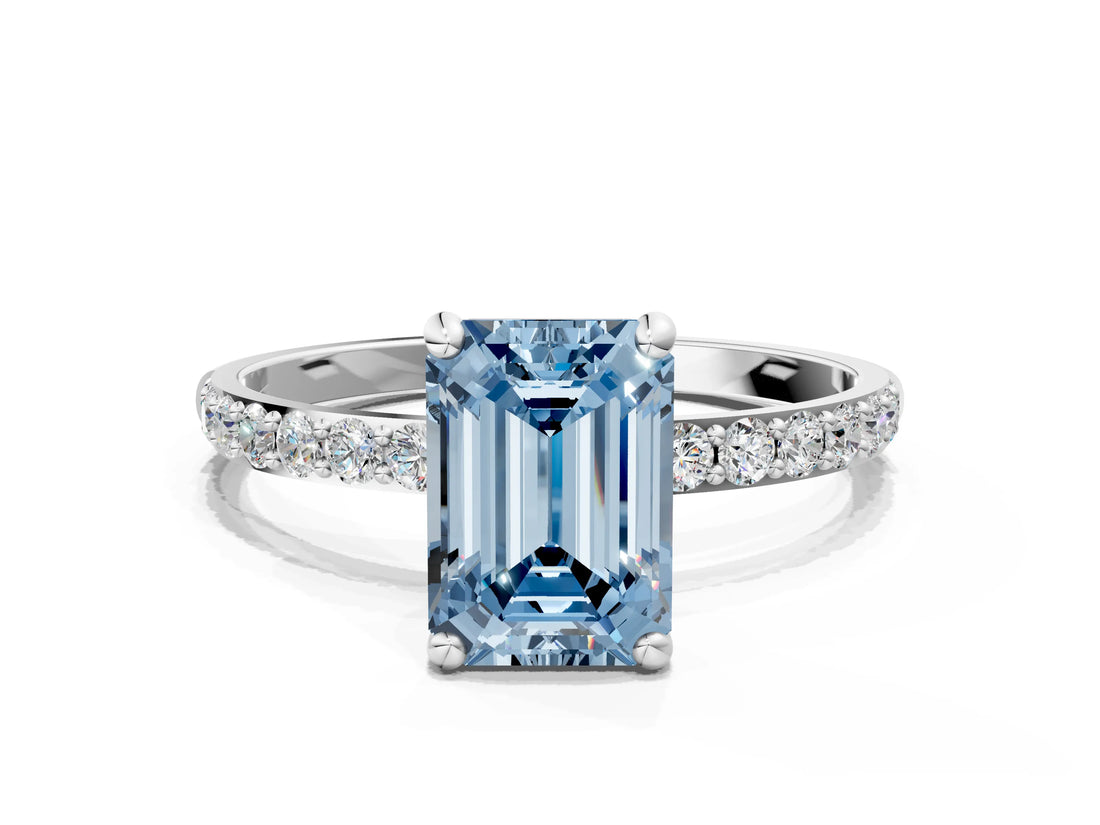 White gold Fancy Blue Emerald Cut Diamond Solitaire Ring with Round  Pavé Band and Prong Setting_179