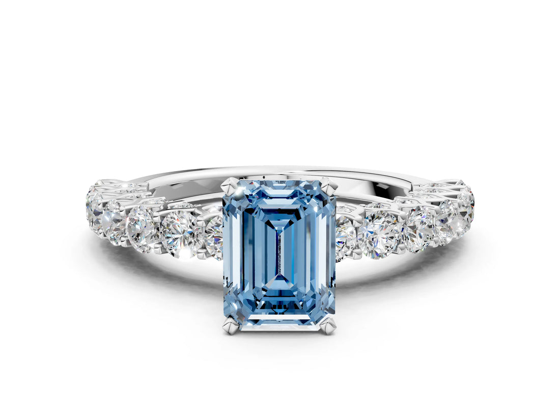 White gold Fancy Blue Emerald Cut Diamond Solitaire Ring with Shared Prong Pavé Band and Four-Prong Setting_70
