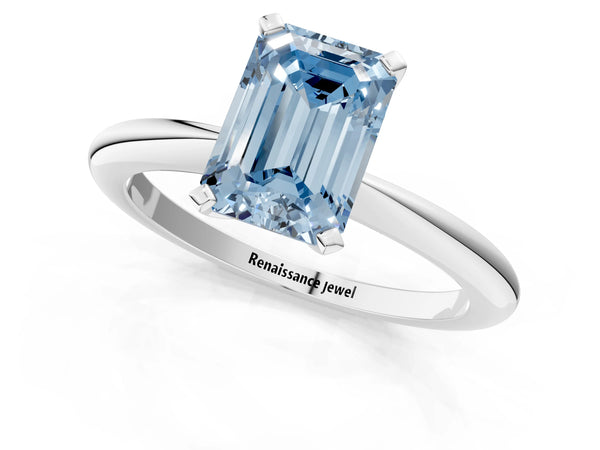 Platinum Fancy Blue Emerald Cut Diamond Solitaire Ring with Six-Prong Setting and Classic Band