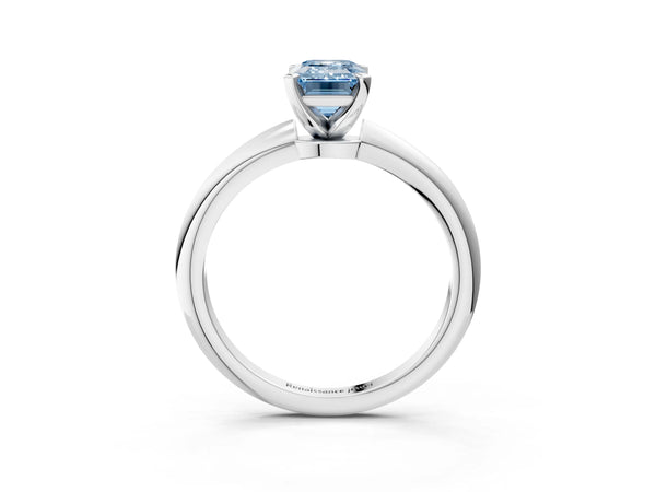 Platinum Fancy Blue Emerald Cut Diamond Solitaire Ring with Six-Prong Setting and Classic Band