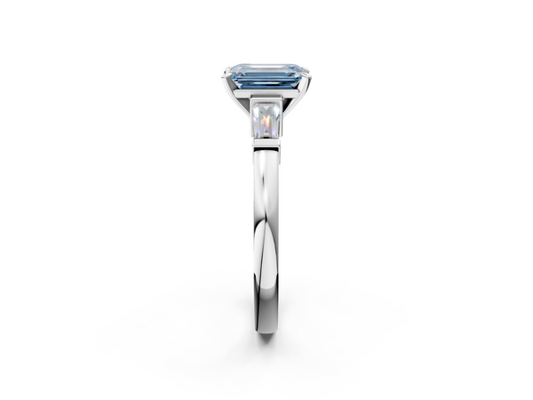 White gold Fancy Blue Emerald  Cut Diamond Solitaire Ring with Tapered Baguette Accents and Four-Prong Setting