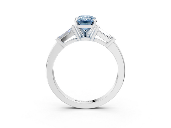 White gold Fancy Blue Emerald  Cut Diamond Solitaire Ring with Tapered Baguette Accents and Four-Prong Setting