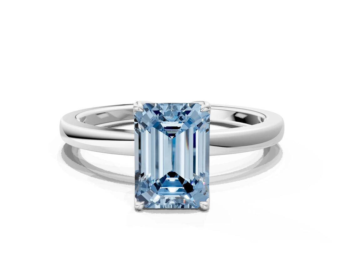 White gold Fancy Blue Emerald Cut Diamond Solitaire Ring with Thin Band and Prong Setting_62