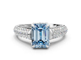 White gold Fancy Blue Emerald Cut Diamond Solitaire Ring with Three-Row Pavé Band and Four-Prong Setting_49