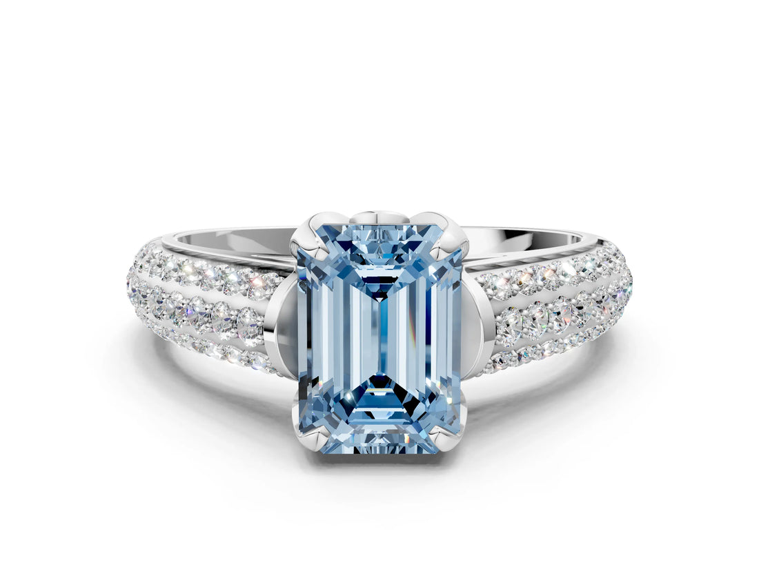 White gold Fancy Blue Emerald Cut Diamond Solitaire Ring with Three-Row Pavé Band and Four-Prong Setting_49
