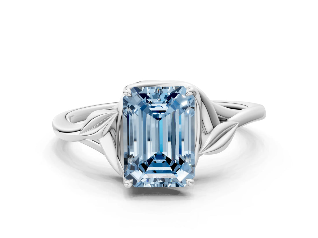 White gold Fancy Blue Emerald Cut Diamond Solitaire Ring with Twist Band and Four-Prong Setting_81