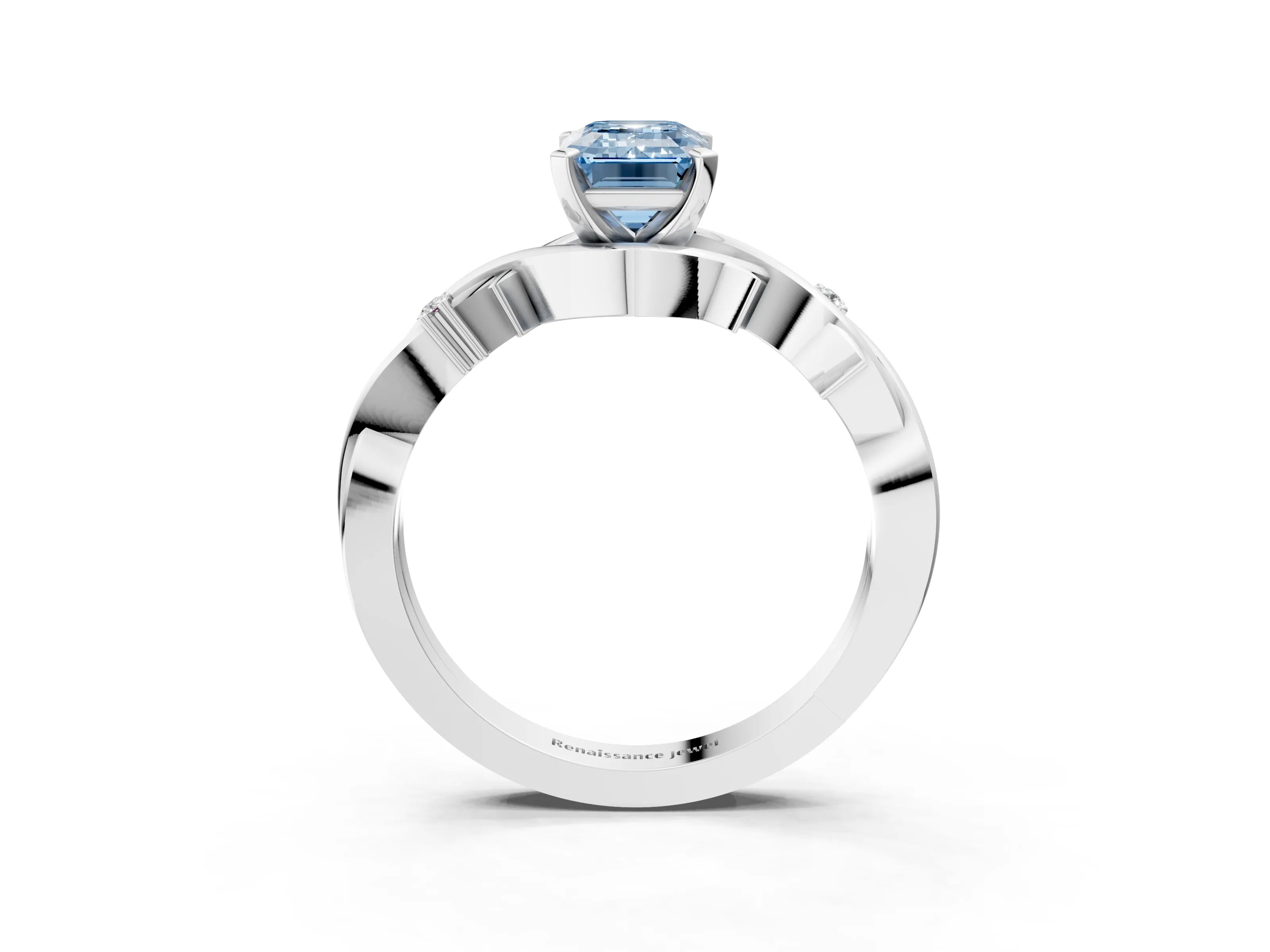 White gold Fancy Blue Emerald Cut Diamond Solitaire Ring with Twisted Band and Prong Setting_322