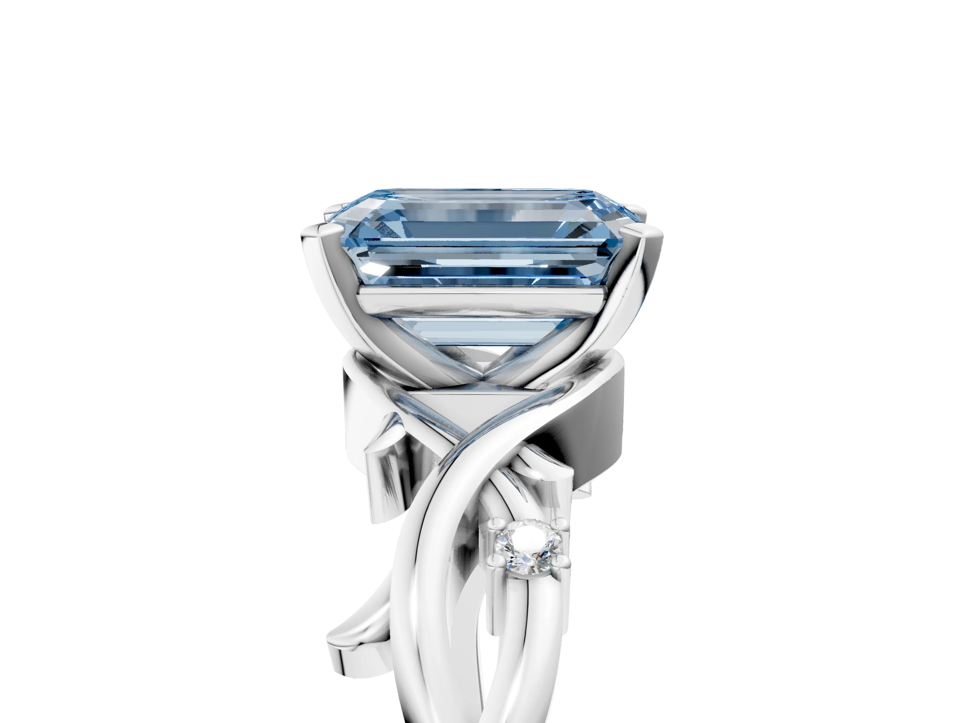 White gold Fancy Blue Emerald Cut Diamond Solitaire Ring with Twisted Band and Prong Setting_324