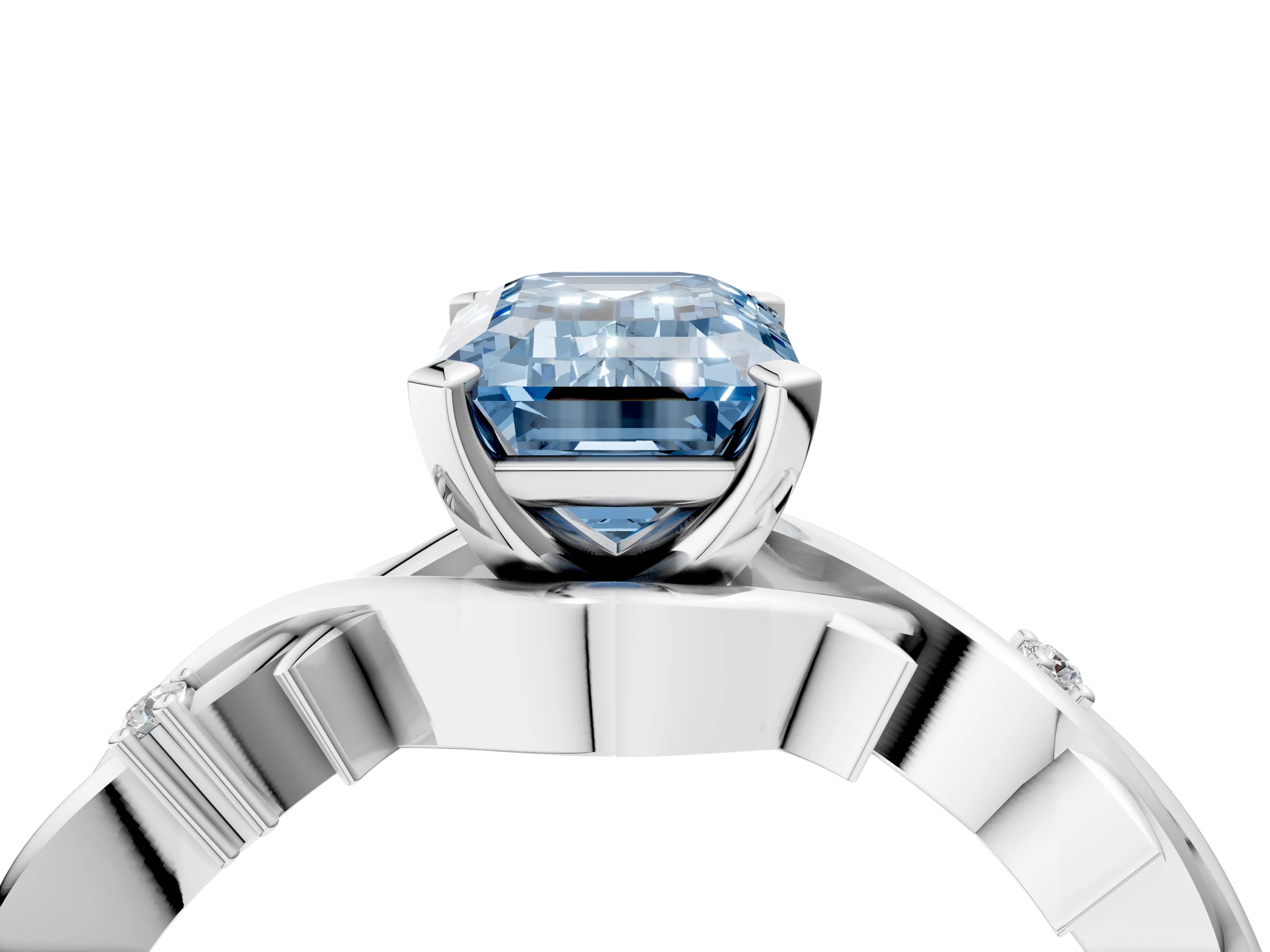 White gold Fancy Blue Emerald Cut Diamond Solitaire Ring with Twisted Band and Prong Setting_328