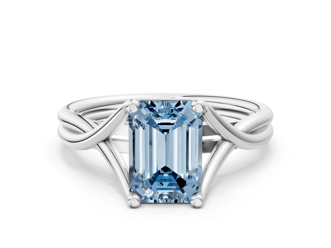 White gold Fancy Blue Emerald Cut Diamond Solitaire Twist Band Prong Setting Ring_79