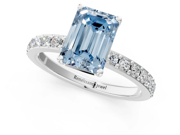 White gold Fancy Blue Emerald  Cut Diamond Solitaire with Pave Band and Four-Prong Setting