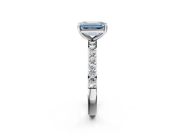 White gold Fancy Blue Emerald  Cut Diamond Solitaire with Pave Band and Four-Prong Setting