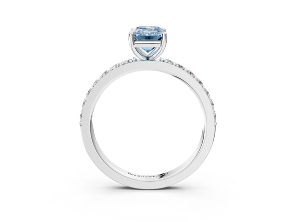 White gold Fancy Blue Emerald  Cut Diamond Solitaire with Pave Band and Four-Prong Setting