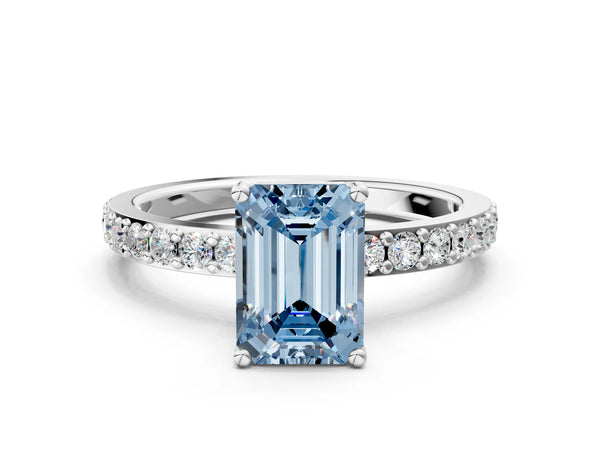 White gold Fancy Blue Emerald  Cut Diamond Solitaire with Pave Band and Four-Prong Setting