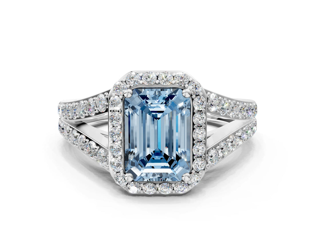 White gold Fancy Blue Emerald Cut Diamond Split Shank Halo Ring with Four-Prong Setting_70