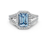 White gold Fancy Blue Emerald Cut Diamond Split Shank Halo Ring with Four-Prong Setting_70
