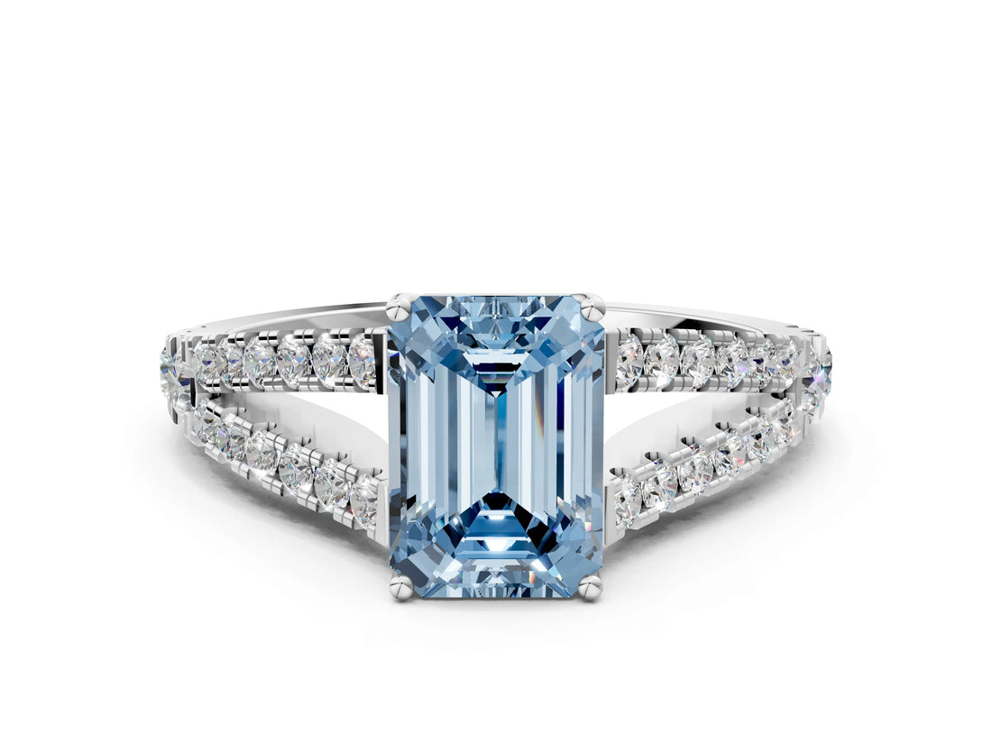 White gold Fancy Blue Emerald Cut Diamond Split Shank Pavé Engagement Ring with Four-Prong Setting_87