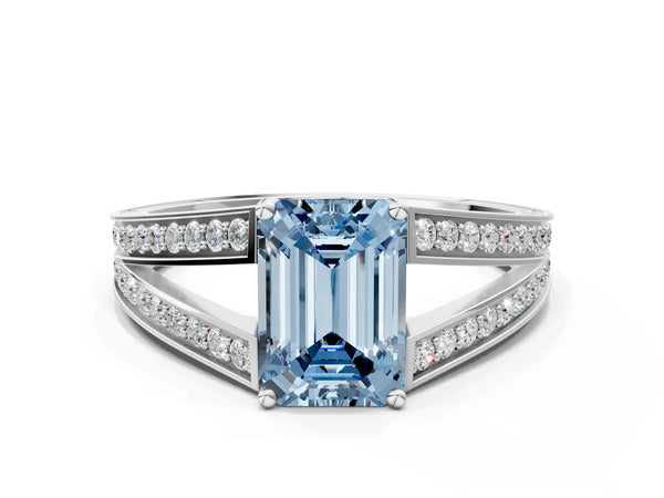 Platinum Emerald Cut Pave Split Shank Engagement Ring Setting for Fancy Blue Center