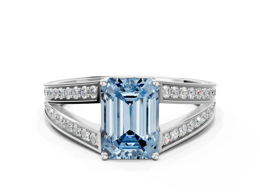 White gold Fancy Blue Emerald Cut Diamond Split Shank Ring with Pavé Band and Four-Prong Setting_61