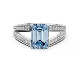 White gold Fancy Blue Emerald Cut Diamond Split Shank Ring with Pavé Band and Four-Prong Setting_61