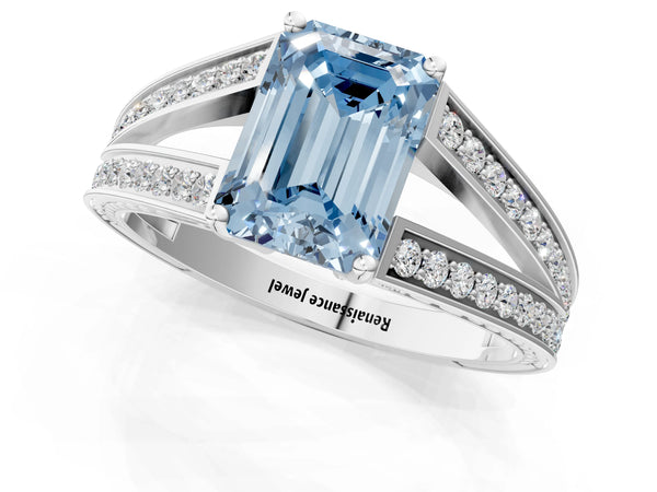 Platinum Emerald Cut Pave Split Shank Engagement Ring Setting for Fancy Blue Center