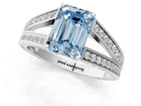 White gold Fancy Blue Emerald Cut Diamond Split Shank Ring with Pavé Band and Four-Prong Setting_62