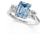 White gold Fancy Blue Emerald Cut Diamond Three-Stone Engagement Ring with Prong Setting and Pavé Band_1