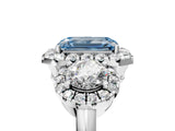 White gold Fancy Blue Emerald Cut Diamond Three-Stone Halo Ring with Prong Setting and Pavé Accents_5