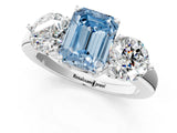 White gold Fancy Blue Emerald Cut Diamond Three-Stone Ring with Prong Setting and Classic Band_124