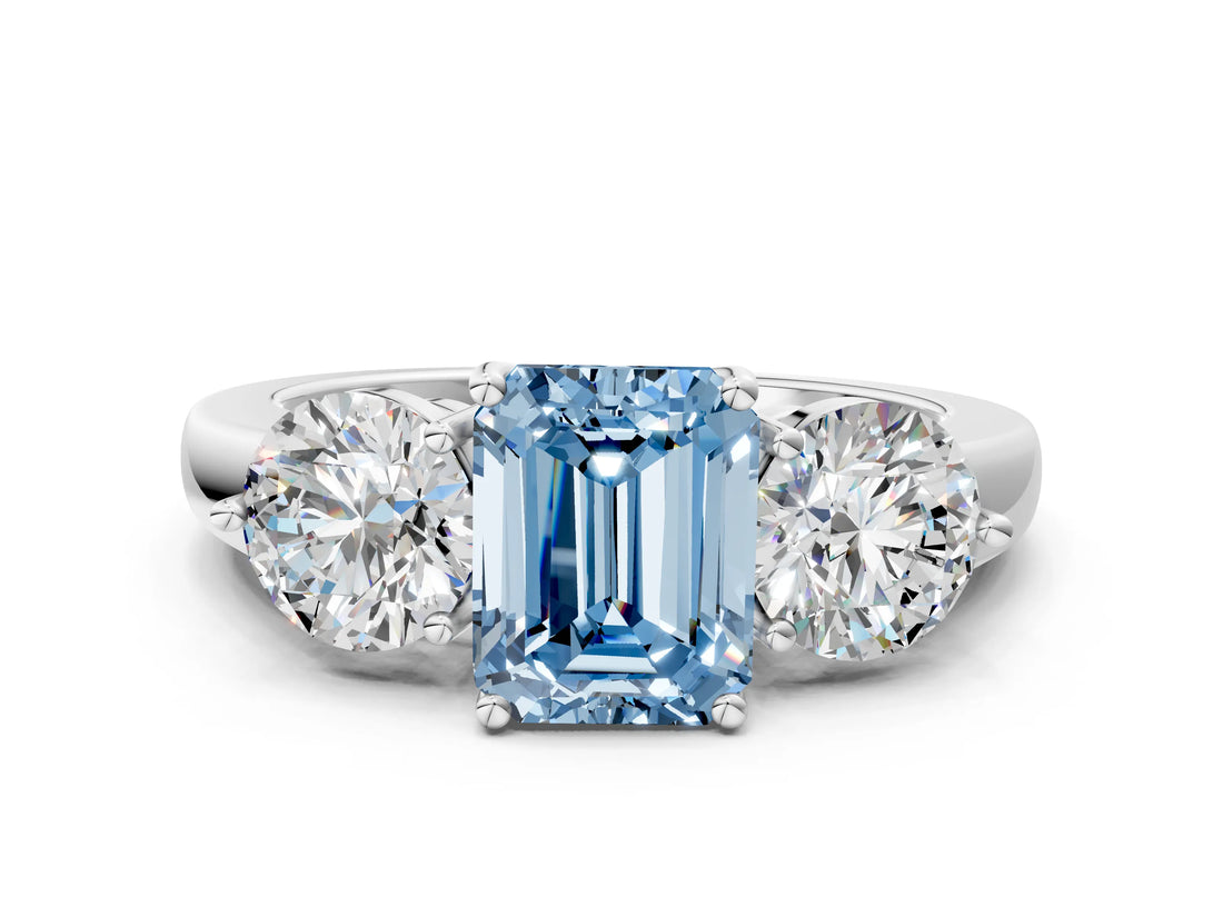 White gold Fancy Blue Emerald Cut Diamond Three-Stone Ring with Prong Setting and Classic Band_124