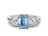 White gold Fancy Blue Emerald Cut Diamond Three-Stone Ring with Prong Setting and Classic Band_124