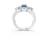 White gold Fancy Blue Emerald Cut Diamond Three-Stone Ring with Prong Setting and Classic Band_126