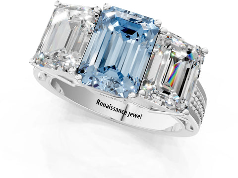 White gold Fancy Blue Emerald Cut Diamond Three-Stone Ring with Prong Setting and Textured Band_1